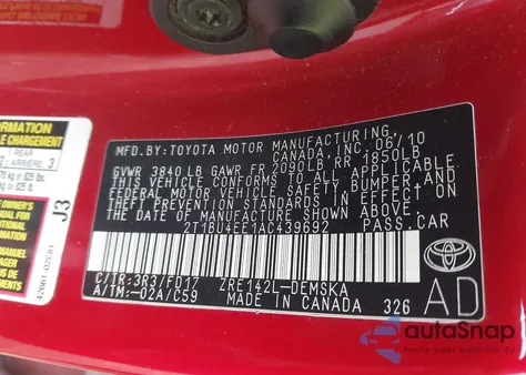 2010 Toyota Corolla S из США, поврежденный, VIN 2T1BU4EE1AC439692